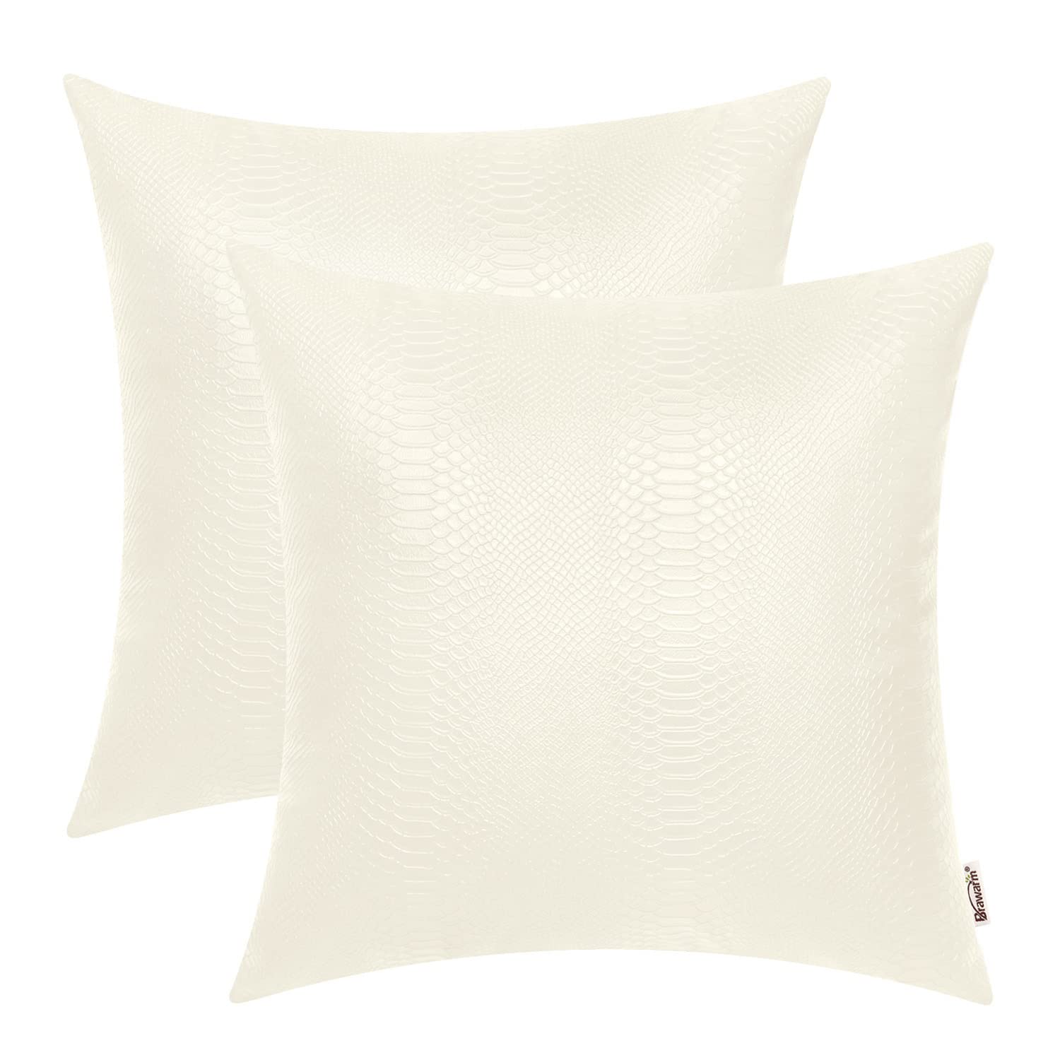 BRAWARM Ivory White Leather Throw Pillows 20 X 20 Inches, Snake Leather Pillow Covers Pack of 2, Faux Leather Decorative Pillow